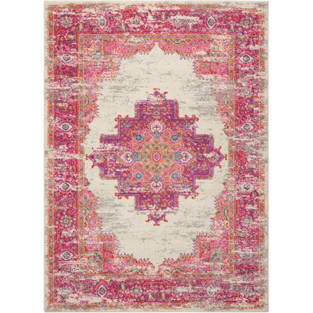 homeroots home decor 385321 4’ x 6' Ivory and Fuchsia Distressed Area Rug