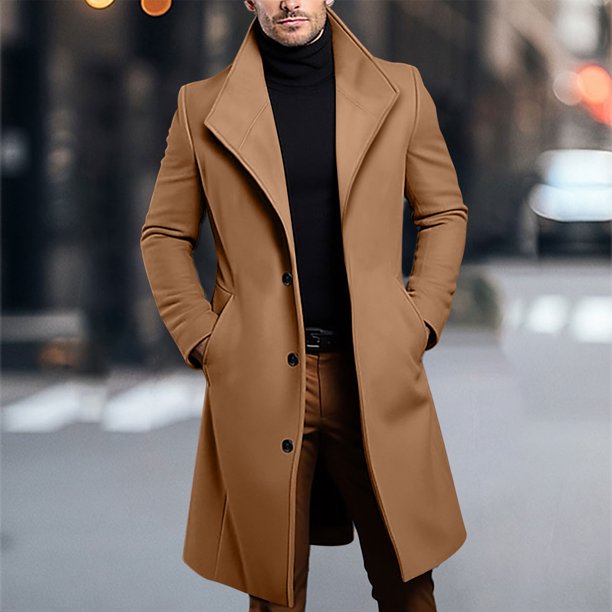 LNWUY Mens Long Trench Coat Single Breasted Notched Collar
