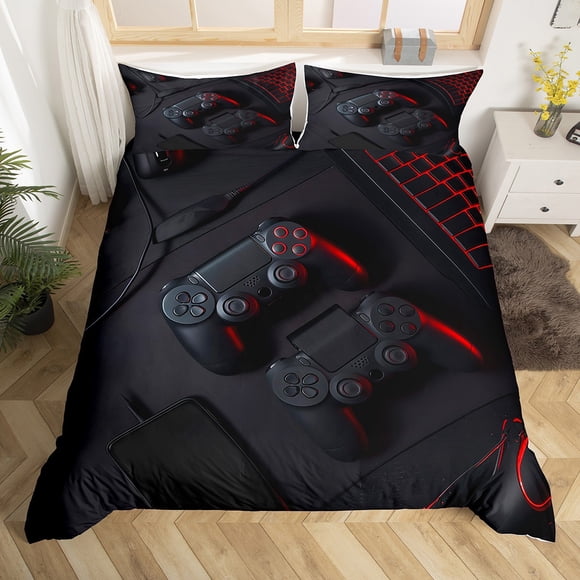 Kids Gamepad Duvet Cover Twin for Boys Girls,Hippie Game Controller Bedding Set for Kids,Black Gamepad Quilt Cover,Neon Gaming Keyboard Bed Set,2 pcs for Bedroom(No Comforter)
