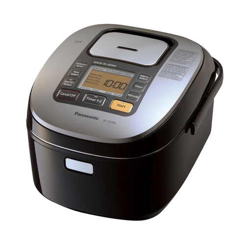 Panasonic Rice Cooker SRHZ106K, a 5.5-cup multi-function appliance with induction heating and a 7-layer diamond copper inner pot. Features a sleek black design with a digital control panel displaying menu options, timer, and start button. Made in Japan, it offers 16 cooking programs, even heat distribution, and a 12-hour keep-warm function. Compact dimensions of 250mm width, 321mm length, and 201mm height.