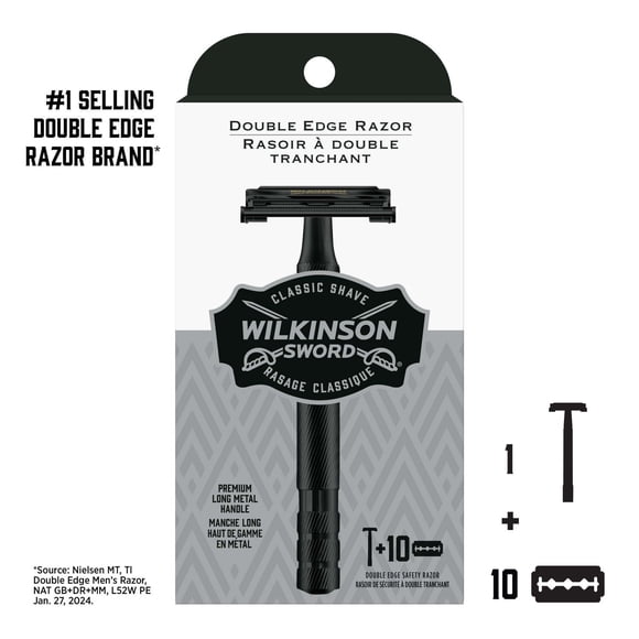 Wilkinson Sword Safety Double Edge Safety Razor for Men with Black Handle + 10 Razor Blades