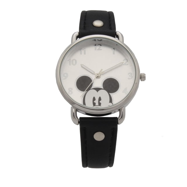 Adult Mickey Mouse Fashion Strap Watch unisex analog watch, 35mm silver case and buckle with silver dial and hands, black strap (235 mm including case), stainless steel case back, quartz movement, battery included; often used as a collectible for Disney collections.