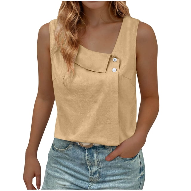Timegard Summer Tops for Women Sleeveless Button Regular Neck Casual Shirts Solid Color Fashion Blouses