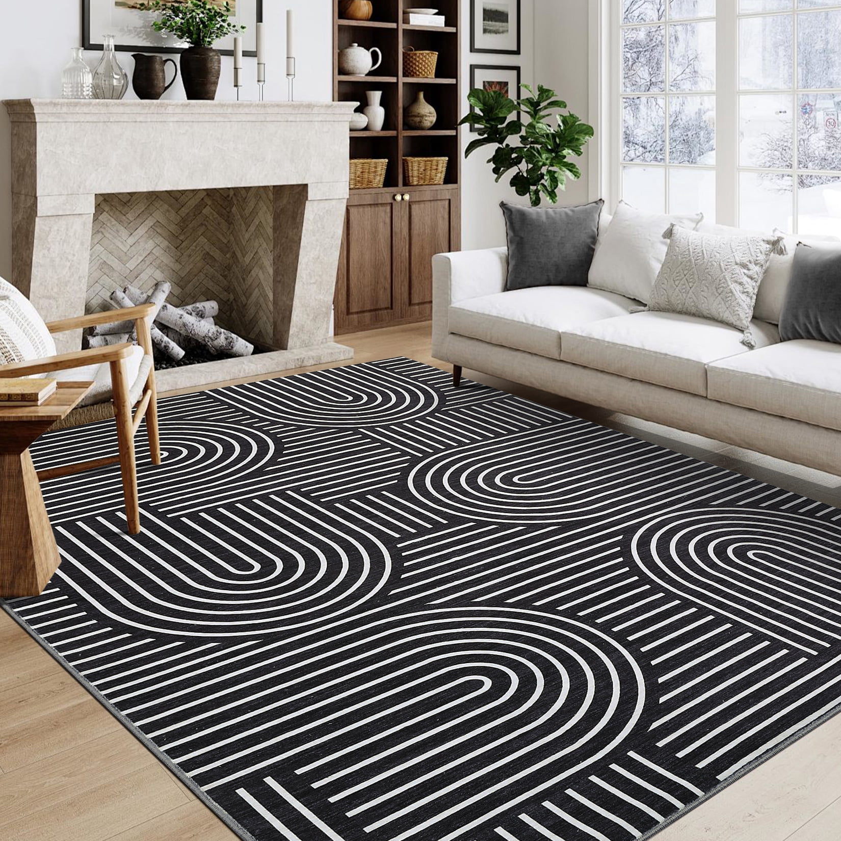 Washable Abstract Shape Rug 8x10 Area Rug Washable Modern Abstract Black Rug Non Shedding Living ...