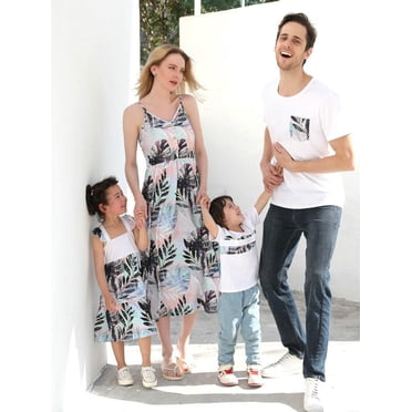 Full Family Look Mother and Daughter Sleeveless Dresses Mom Girls Matching Outfits Floral Father Son T-Shirt Mommy and Me