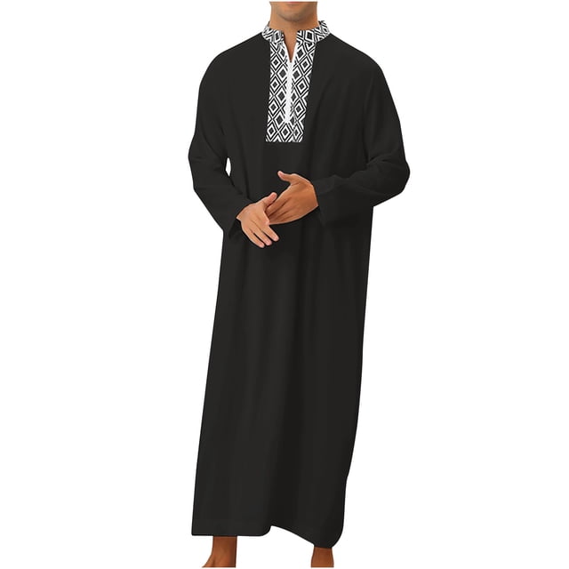 PEZHADA Ensemble de Robe Musulmane pour Homme Robe Arabe Mi-Longue Motif Broderie Manches Longues Col Montant Fermeture Éclair Robe Décontractée Noir