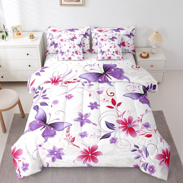 YST Ensemble Douillette Grand 7 Pcs avec Draps, Floral Butterfly, Polyester, Type Douillette et Housse de Couette, Format Grand, 1 Unité