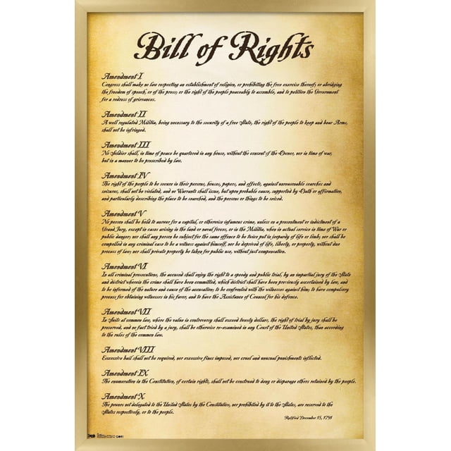 Les États-Unis d'Amérique - Affiche Murale de la Déclaration des Droits, 22,375 Pouces x 34 Pouces, Imprimée sur du Papier Parchemin Lustré avec Texte en script Noir des Dix Premiers Amendements, Encadrée en Bois Clair, Idéale pour la Décoration Murale de la Maison, du Bureau Ou de la Salle de Classe et Convenant comme Cadeau Ou Décoration de Fête.