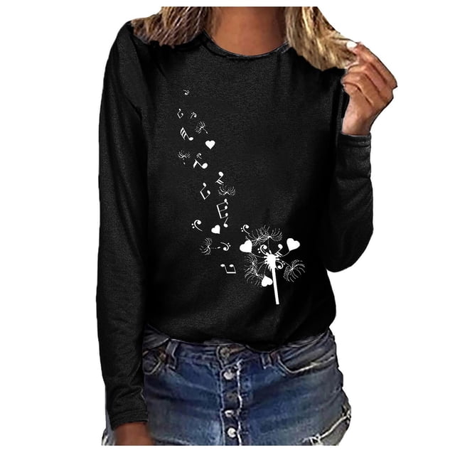 T-shirt Blouse à Manches Longues Décontracté Ample à Col Rond Imprimé pour Femmes