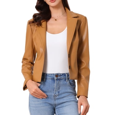 INSPIRE CHIC Women's Jacket Leather Blazer Long Sleeve Notched Lapel Collar Vintage Moto Biker Vegan Pleather Coat M Light Brown