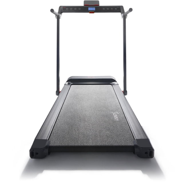 Sunny Health & Fitness Strider Foldable Treadmill with 20-inch wide textured running belt, foldable black frame with silver side rails, digital console featuring blue LCD display, pulse sensors on handlebars, and quick access speed controls, shown front-facing on white background.