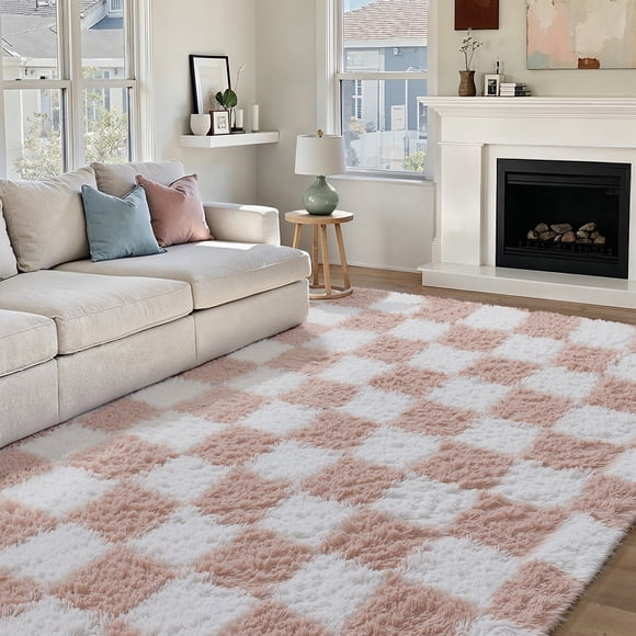 BERTHMEER 8'x10' Shag Area Rugs for Living Room Bedroom Fluffy Pink White Rugs Soft Checkered Plush Contemporary Geometric Modern Indoor Rugs Carpets