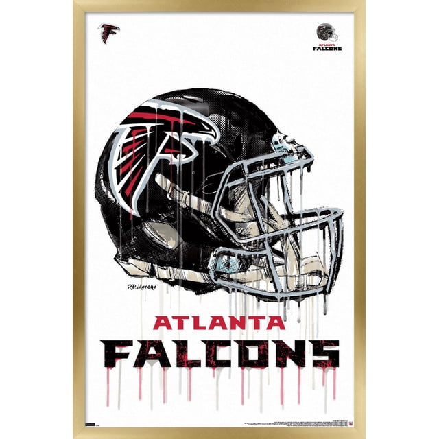 NFL Atlanta Falcons - Affiche Murale « Drip Helmet 20 », 22,375 Po x 34 Po, Montrant une Vue avant Centrée d'Un Casque de football Noir avec le logo des Atlanta Falcons en Rouge, Blanc et Noir. le Casque Présente un Motif de Peinture Goutte à Goutte avec des Stries Grises et Rouges. sous le Casque, « Atlanta Falcons » Est Imprimé en Lettrage Audacieux Rouge et Noir Usé. l'Affiche Est Imprimée sur Papier Lustré avec un