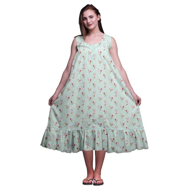 Bimba Menthe Pastel12 Chemises de Nuit en Coton à Imprimé de Trèfles Floraux pour Femmes Robe Sans Manches Tenue de Nuit Robe Maxi X-Small