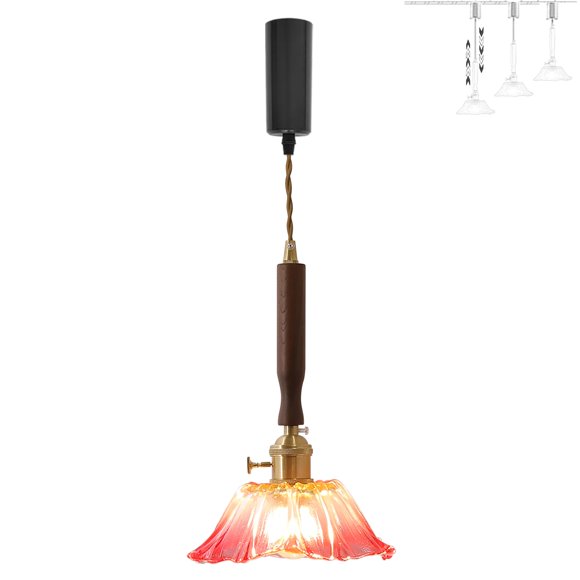 FSLiving J-Type Track Light Pendants Restaurant Pink Flower Glassblowing Lamp Juno Track Light Adjustable Height Cone Industrial Style for Kitchen Island 5 ft,(Walnut Wood)