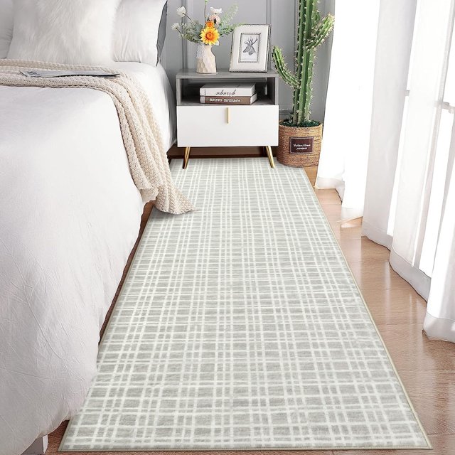 Garvee 2'x6' Modern Plaid Runner Rug Abstract Rugs for Hallway, Washable Rug Non-Slip Low Pile Accent Carpet for Bedroom Kitchen, Gray