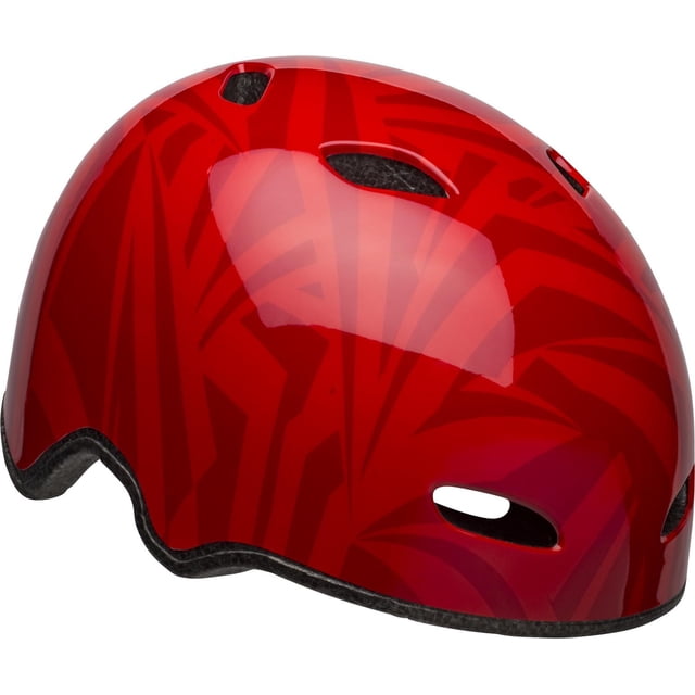 Bell Sports Pint Toddler Bike Helmet in glossy red with darker red geometric pattern, featuring 10 vents, extended rear coverage, plush anti-microbial padding, and easy buckle system, fits kids aged 3 to 5 years with head sizes 48 to 52 cm, suitable for biking and skating safety.