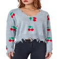 thumbnail image 1 of Pull-over à Pompons Cerisiers/plaids pour Femmes avec Col en V et Manches Longues, 1 of 9