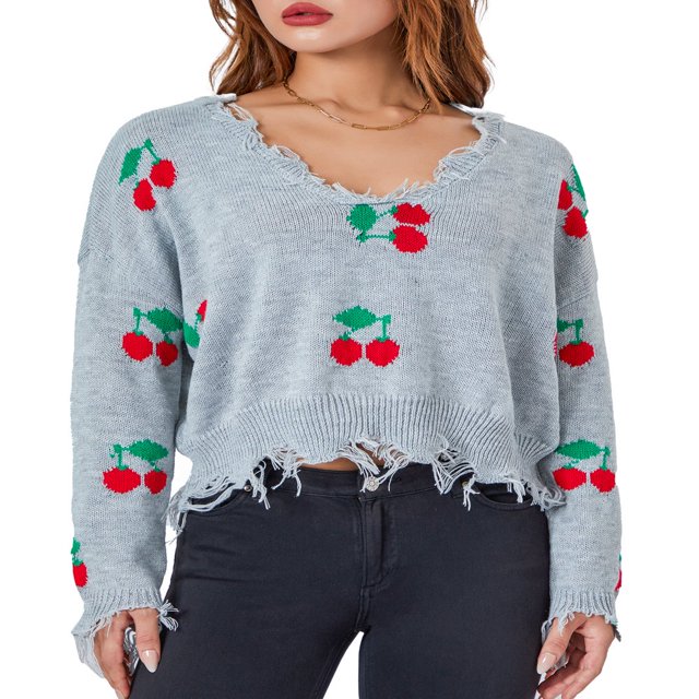 Pull-over à Pompons Cerisiers/plaids pour Femmes avec Col en V et Manches Longues