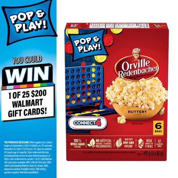 Orville Redenbacher Buttery Microwave Popcorn, 100% Whole Grain Popcorn, Non‑GMO Popcorn, Gluten Free, High Source of Fibre, 492 g (6 bags x 82 g)