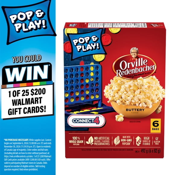 Orville Redenbacher Buttery Microwave Popcorn, 100% Whole Grain Popcorn, Non‑GMO Popcorn, Gluten Free, High Source of Fibre, 492 g (6 bags x 82 g)