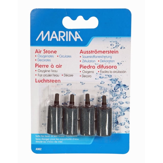 Marina Air Stone pack with four 1.5-inch cylindrical air stones featuring black connectors, designed to oxygenate and circulate water in fresh or saltwater aquariums, displayed in clear plastic packaging with blue and white background showing water bubbles and multilingual usage benefits.