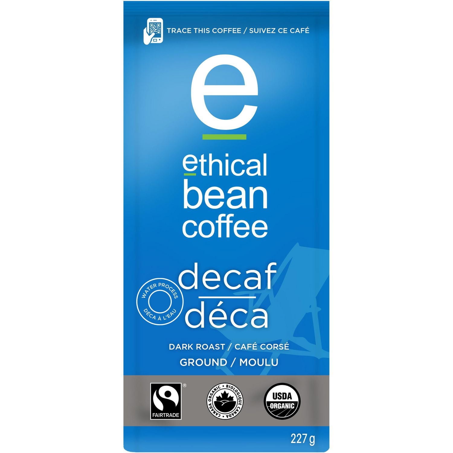 Café moulu Ethical Bean Coffee déca torréfaction corsée biologique et certifié équitable