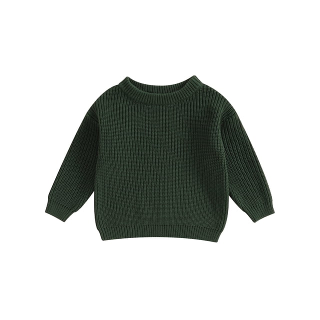 FAROOT Chandail d'Automne pour Tout-Petit Bébé, Chandail Tricoté Uni à Manches Longues et Col Rond, Montré dans une Teinte Vert Foncé. Fait de 95 % Coton et 5 % Élasthanne, le Chandail Présente une texture Côtelée et une Coupe Décontractée, Idéal comme Tricot pour Bébé pendant les Saisons d'Automne et d'Hiver.