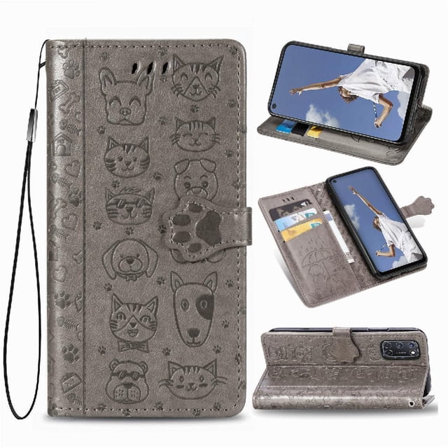 Étui à Rabat pour FOXDOCK OPPO A52 / A72 / A92, Étui à Rabat en Cuir PU Gaufré Chat et Chien avec Fentes pour Cartes, Support