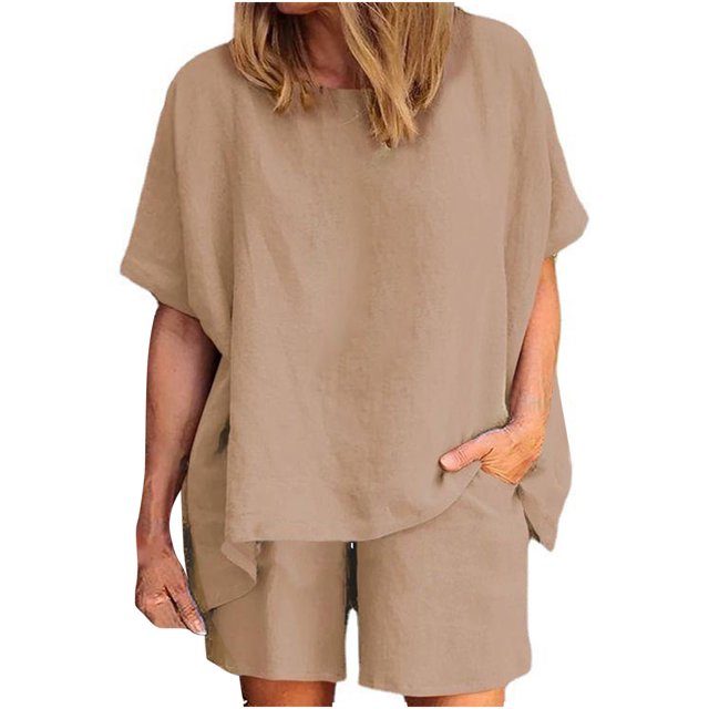 Ensembles Deux Pièces pour Femmes Décontractés Ensembles 2 Pcs pour Femmes Ensemble de Vêtements d'Été Femme Col Rond Sans Manches Hauts Pantalons Ensembles Style Pantalon Décontracté S_833 Survêtements pour Femmes Café TG