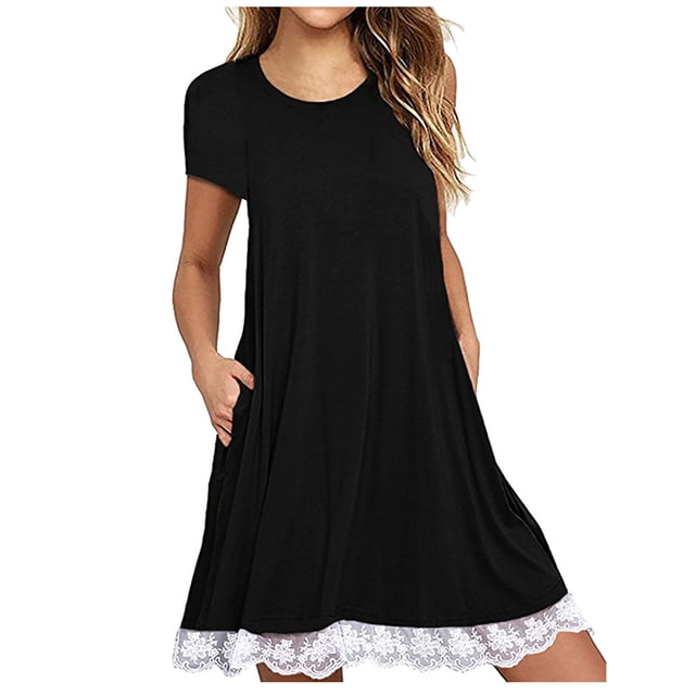 Pompotops Women's Casual Solid O-Neck Lace Patchwork Short Sleeve Pockets Dress