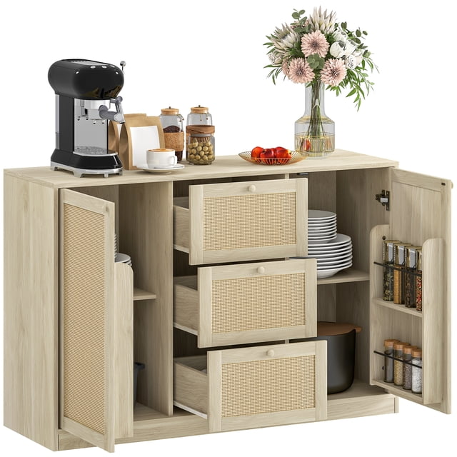 HOMCOM Boho Sideboard Buffet Cabinet in natural finish, designed as a kitchen coffee bar or bar cabinet. Features rattan element doors and drawers with round wooden handles, offering two-tier storage compartments, three drawers, and adjustable shelves for versatile organization. Anti-tip kits ensure stability and safety. Ideal for kitchens, living rooms, or entryways, blending bohemian style with functionality.