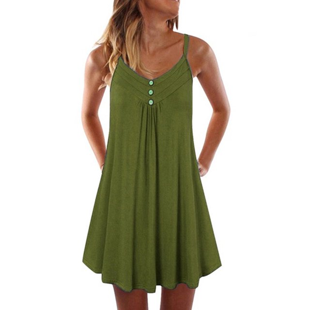 MAWCLOS Robe d'Été Évasée pour Femme, Ligne A, Boutonnée, à Bretelles, Robe Nuisette Plissée Courte Mini, Ample, de Travail, à Bretelles Spaghetti, Vert Armée, 5TG