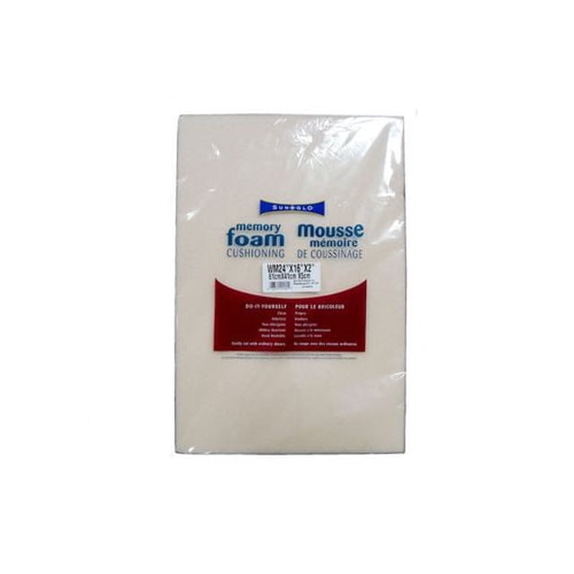 SunGlo Coussinage en Mousse Mémoire 24 x 16 x 2 Pouces, un Coussin Rectangulaire en Mousse Mémoire Blanc dans un Emballage en Plastique Transparent avec une Étiquette Bleue et Rouge, Idéal pour les Coussins de Chaise et les Projets de Rembourrage DIY.