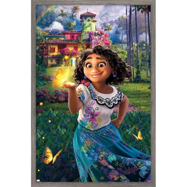 Disney Encanto - Affiche Murale sur une Feuille, 22,375 Po x 34 Po Représentant une Jeune Fille en Chemisier Blanc avec Col Brodé Noir et une Jupe Sarcelle avec Broderie Florale et de Personnages Colorée, Tenant un Papillon Jaune Lumineux dans un Jardin vibrant avec des Fleurs en Floraison, de Hauts Palmiers, un Arc-en-Ciel et une Maison Colorée à Plusieurs Étages en Arrière-Plan, Convient pour Décorer des Chambres, des Résidences Étudiantes Ou des Bureaux.