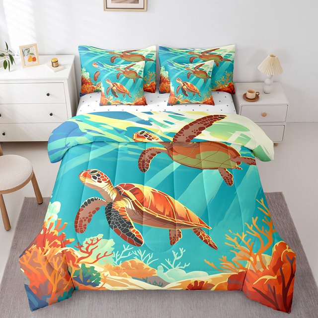 YST Cartoon Sea Turtle 7-Piece Aqua Animal Comforter Set, Ocean Wildlife King Bedding