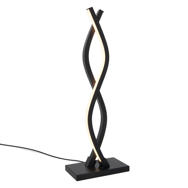 Artika Wavey Modern Table Lamp in black, featuring crisscrossing curves with integrated LED lighting and a built-in dimmer for adjustable brightness. The lamp has a sleek aluminum base and a chic, modern design. It offers 550 lumens brightness, 3000 Kelvin color temperature, and a lifespan of 50,000 hours. Dimensions are 6.3 in x 3.94 in x 18.75 in, suitable for living rooms, bedrooms, or offices.