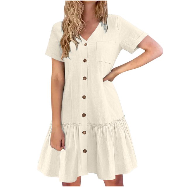 Robe d'Été pour Femmes 2024 Mode Grande Taille Vacances Couleur Unie Manches Courtes Fête Plage Robe 50 % de Réduction!
