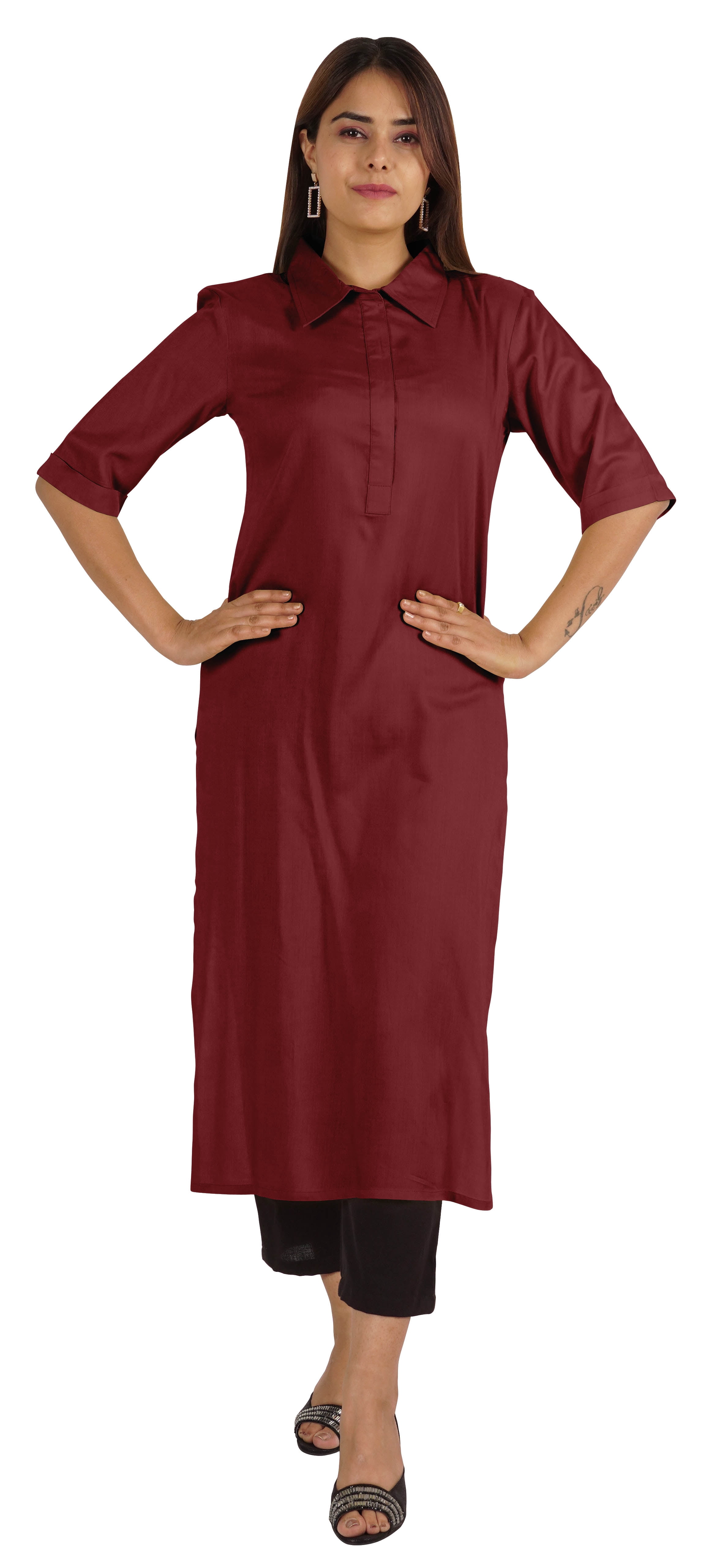 Moomaya Kurta en Rayonne Uni pour Femmes à Manches Évasées, Col à Cordon, Kurti Ethnique Long