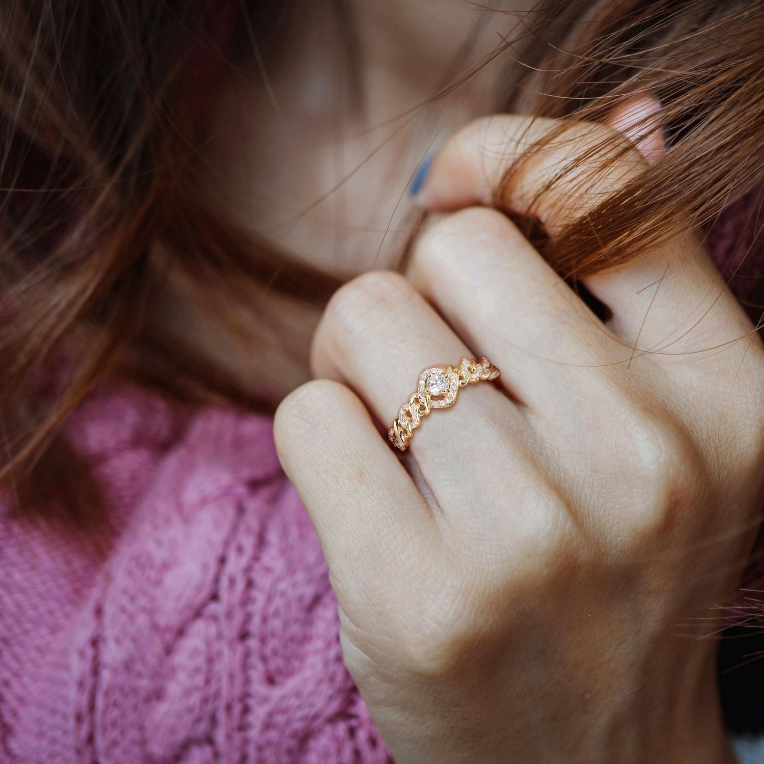 Miabella Bague de fiançailles Halo a maillon en or jaune 10K avec diamant 1/3 Carat P.T.