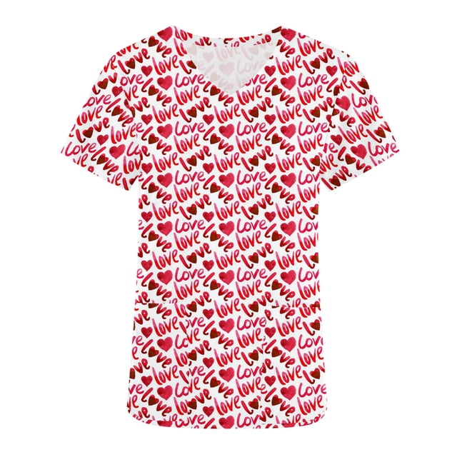 TIMIFIS Hauts de Sarrau pour Femmes Imprimés Sarrau Saint-Valentin Uniforme de Travail Manches Courtes Col en V Blouse T-shirt de Travail avec Poches - Imprimé Rouge