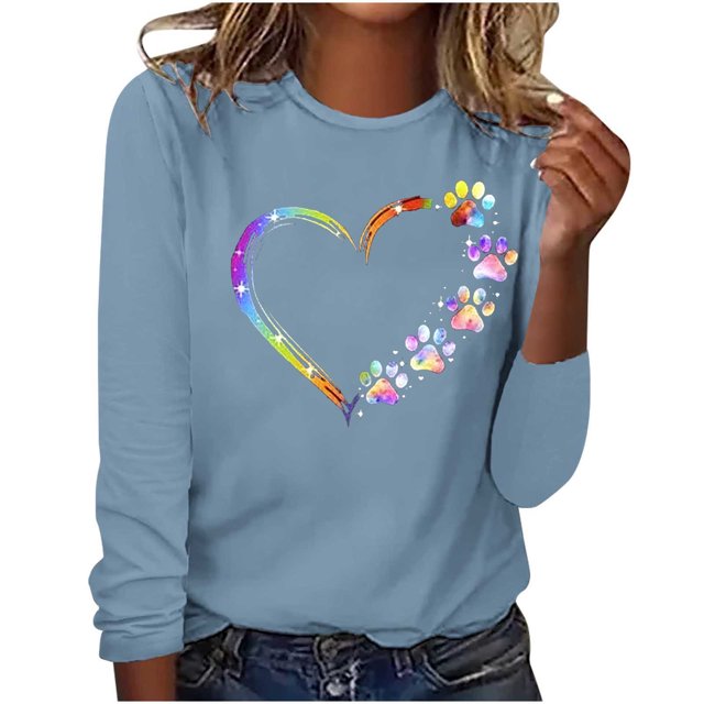 Jsaierl Hauts de la Saint-Valentin pour Femmes Tendance Coloré Patte de Chien Cœur Graphique T-Shirts Décontractés Col Rond Manches Longues