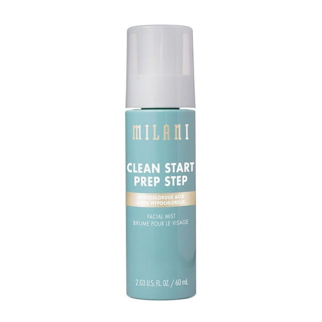 Milani, Clean Start Prep Step, Hypochlorous Acid Facial Mist alcohol-free hydrating mist and setting spray in a pump bottle with an ultra-fine mist for up to 24HR wear. Infused with orange blossom, bamboo and volcanic waters plus 1.5% polyglutamic acid and 2% glycerin. Often used to refresh makeup while traveling.