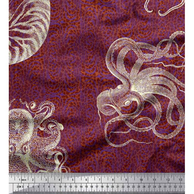 Soimoi Modal Satin Fabric Animal Skin,Shell & Octopus Ocean Printed Craft Fabric by The Yard 42 Inch Wide