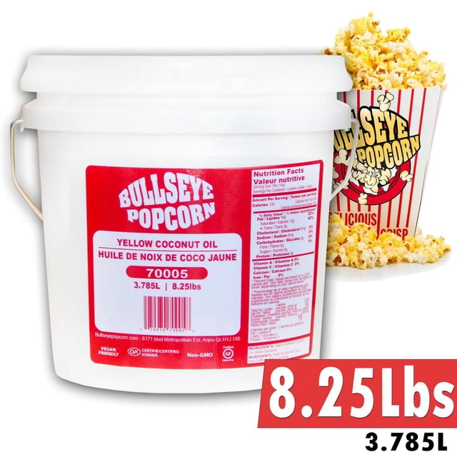 BullsEye Popcorn YELLOW Popping Oil for Popcorn 3.785L in a white plastic bucket with a red label showing yellow coconut oil, kosher certified, non-GMO, and vegan approved, displayed with a striped popcorn container filled with yellow popcorn, suitable for enhancing popcorn colour and flavour in cooking oils.