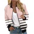 thumbnail image 1 of vdgthytj Fall Jackets for Women Long Sleeve Zip up Stand Collar Bomber Jacket Fall Trendy Color Block Striped Coat, 1 of 5