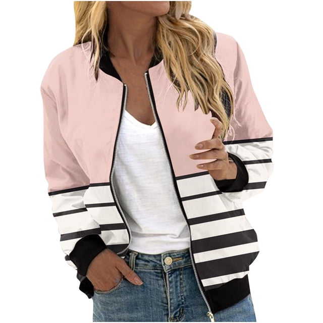 vdgthytj Fall Jackets for Women Long Sleeve Zip up Stand Collar Bomber Jacket Fall Trendy Color Block Striped Coat