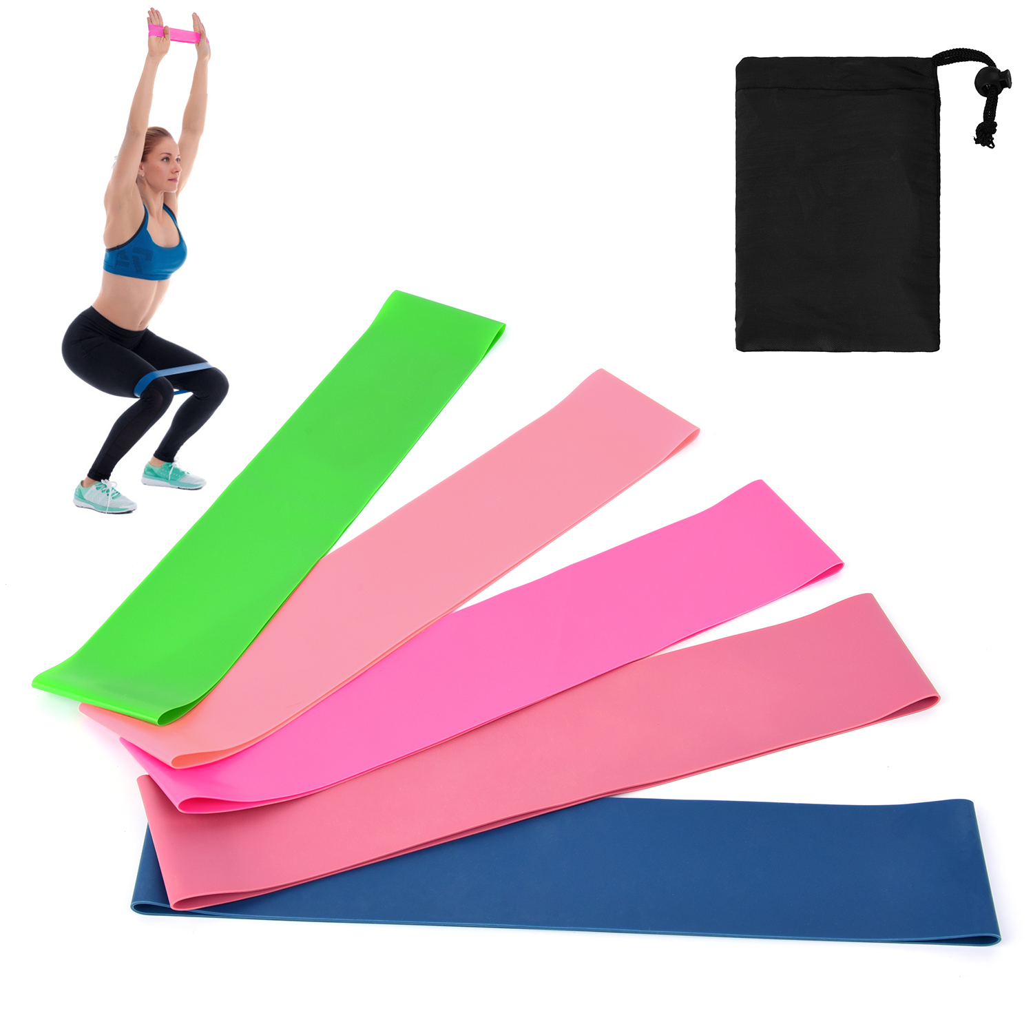 Graflsoa 5-Piece Resistance Band Set with Carry Bag (Various Colors & Resistance Levels: 5-48lbs, 500x50mm)