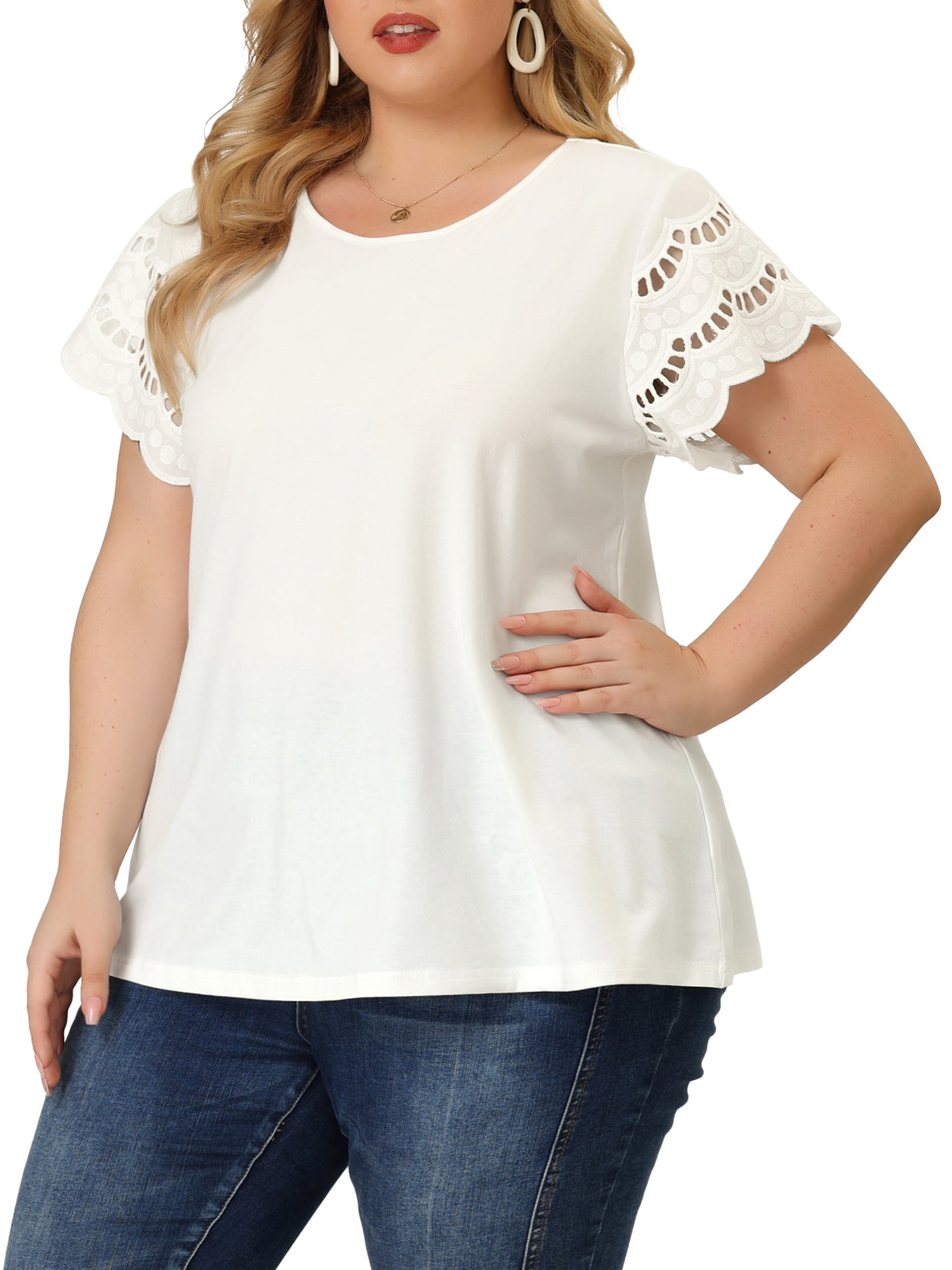 Agnes Orinda Women's Plus Size Tops Lace Panel Short Sleeves Spring Summer Solid Work Blouses 2X White