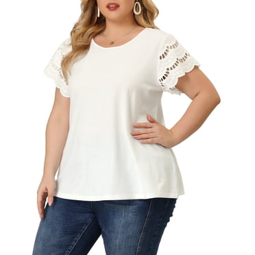 Agnes Orinda Women's Plus Size Tops Lace Panel Short Sleeves Spring Summer Solid Work Blouses 1X White